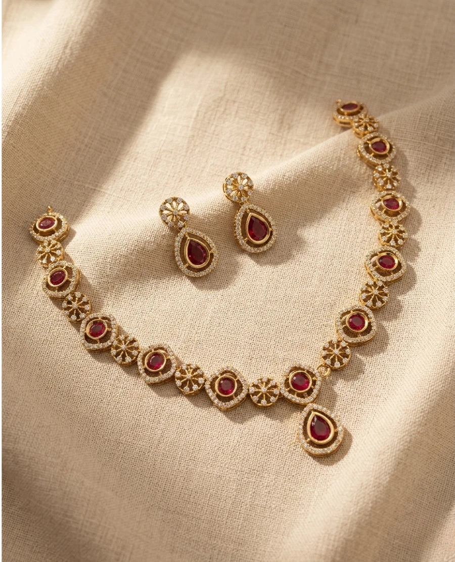 gold-finish-ruby-red-cz-necklace-set-with-floral-motifs-and-matching-teardrop-earrings