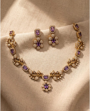 Antique gold lavender amethyst vine necklace set with American diamond floral earrings