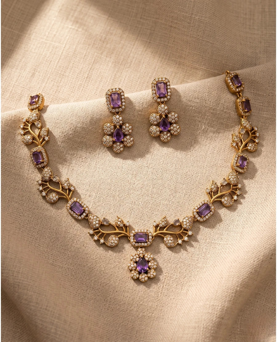 antique-gold-lavender-amethyst-vine-necklace-set-with-american-diamond-floral-earrings