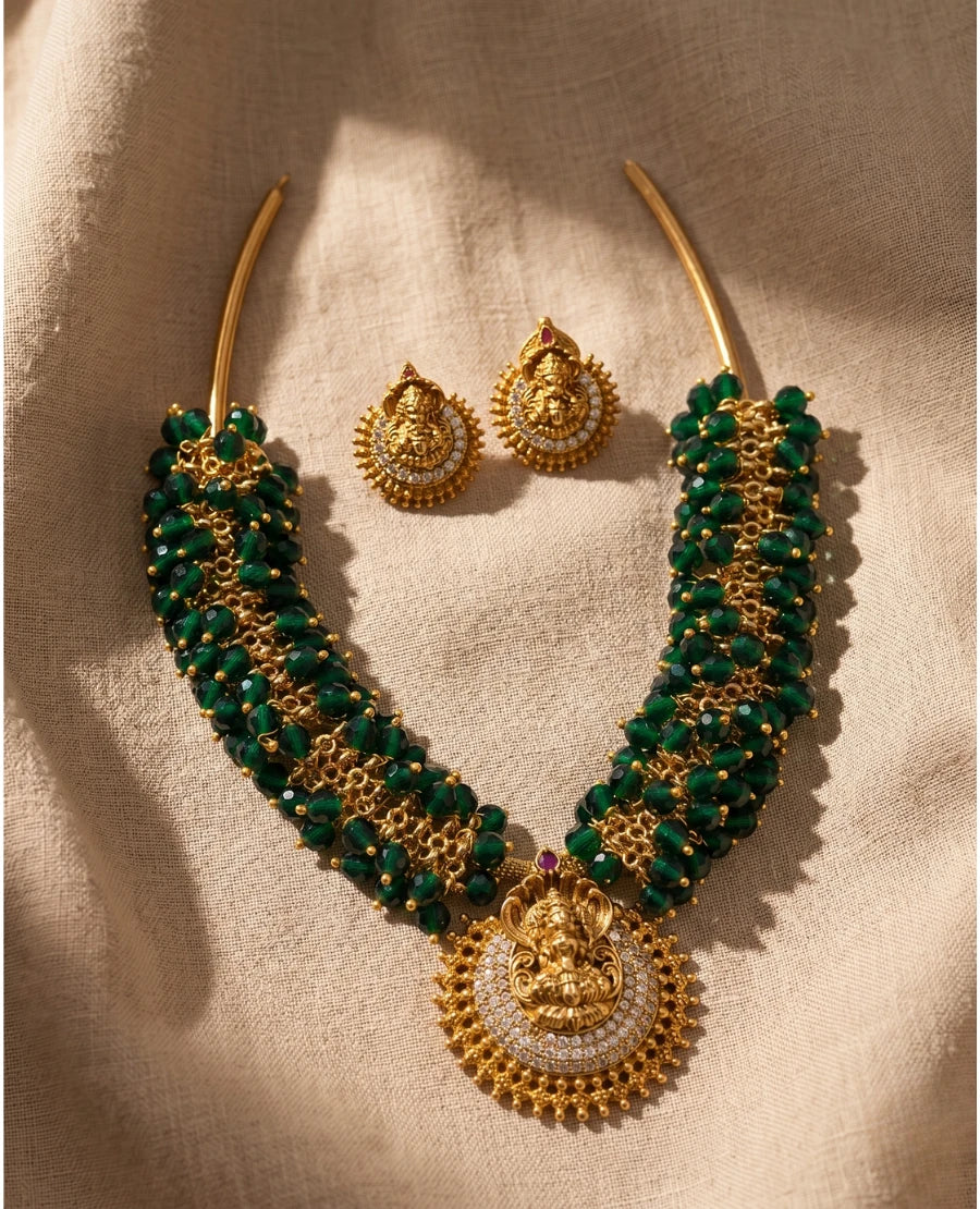 matte-gold-green-beaded-lakshmi-temple-necklace-set-with-matching-stud-earrings