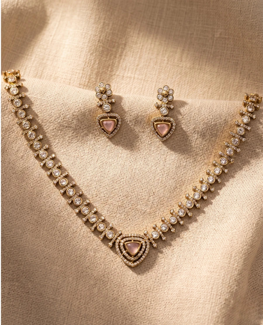 gold-plated-rose-quartz-triangle-cz-necklace-set-with-matching-geometric-earrings