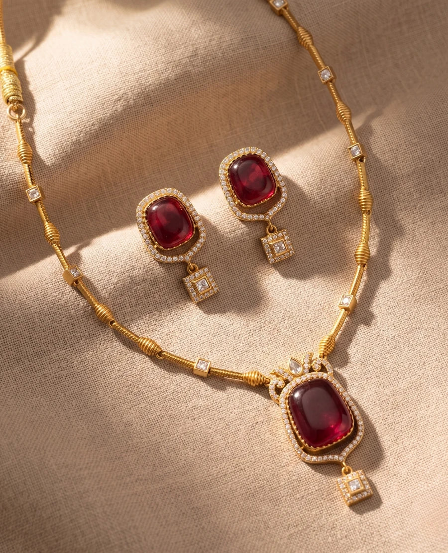 gold-plated-ruby-red-doublet-stone-pendant-necklace-set-with-matching-earrings