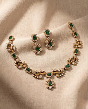 Antique gold emerald green vine American diamond necklace set with matching earrings
