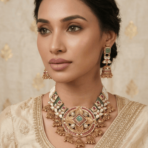 Luxurious uncut diamond Polki bridal set with pearl drops and meenakari work for a traditional wedding look.