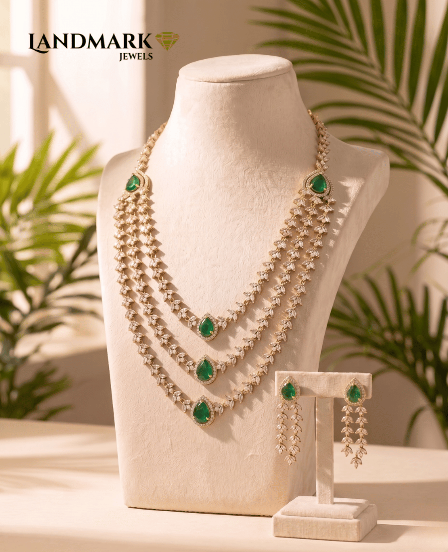 emerald-green-pear-cut-layered-necklace-earring-set