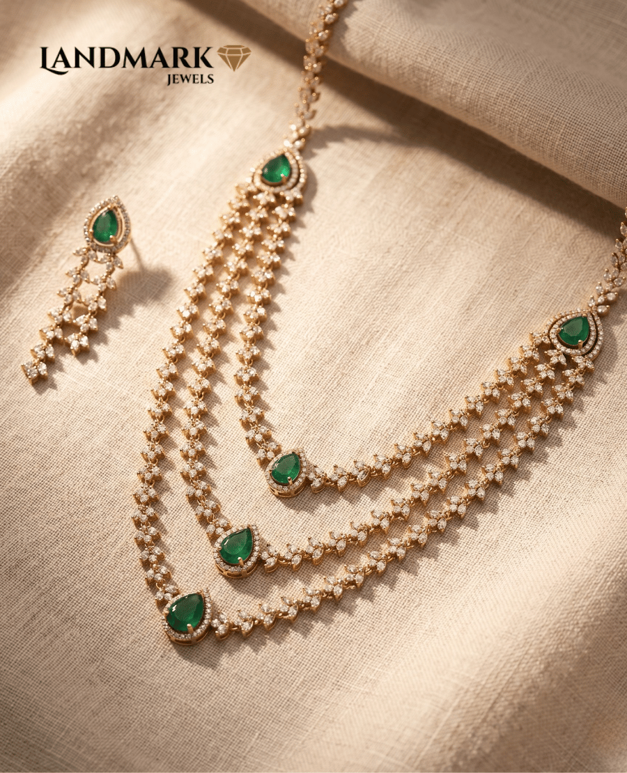 emerald-green-pear-cut-layered-necklace-earring-set