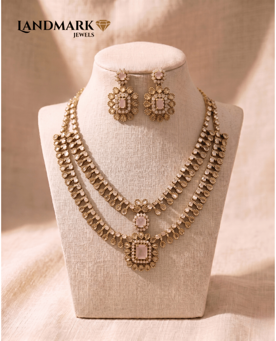 rose-pink-stone-polki-inspired-double-layered-necklace-set