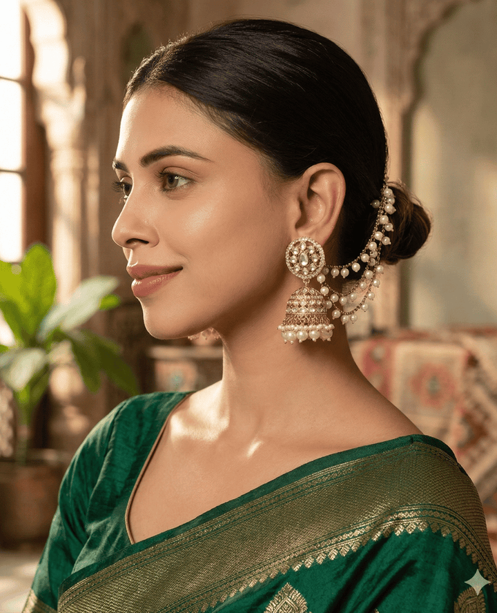Regal Kundan & Pearl Jhumka Earrings with Sahara Chains by Landmark Jewels
