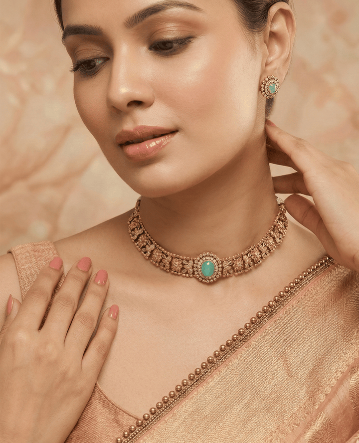 Gold Antique Choker Set with Pink Stones & Pearls | Landmark Jewels