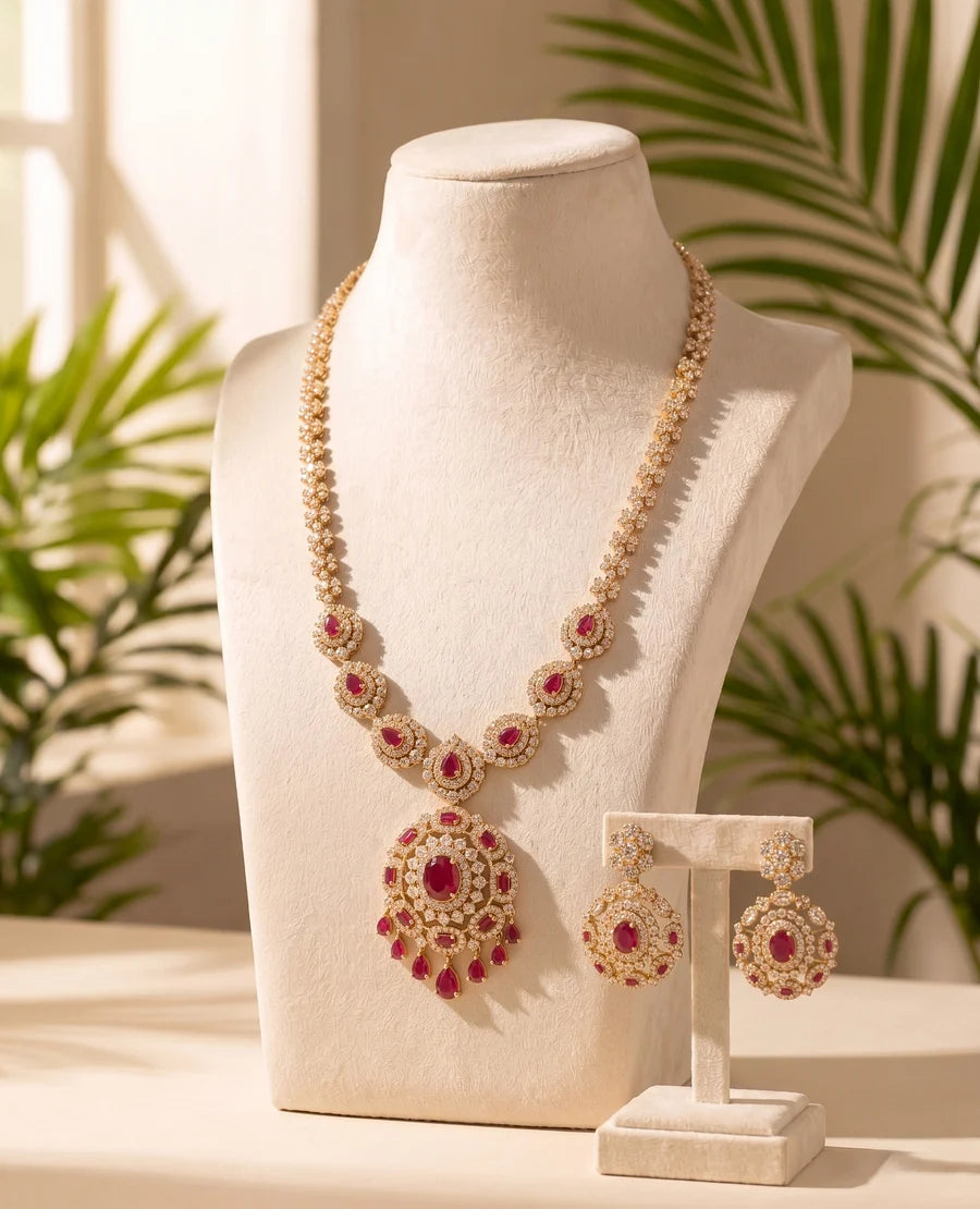 regal-ruby-red-floral-pendant-earring-set-in-gold-finish